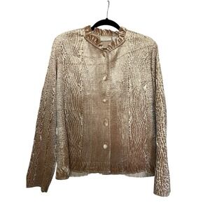 Chico's Size 1 (runs large) Keily Rippled Ruffle‎ Jacket Crinkle Button Velvet